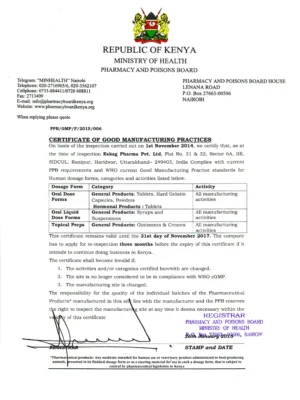 Certificate of Good Manufacturing Practices - Republic of Kenya