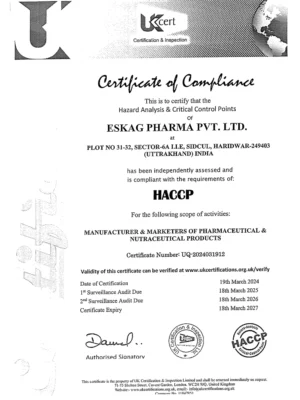 HACCP - Certificate of Compliance - Eskag Pharma